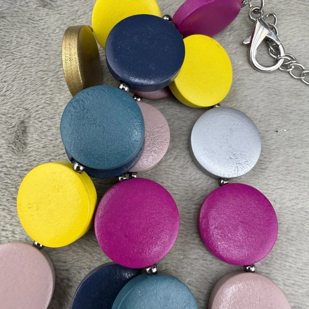Statement Necklace Layered Painted Wood Disc Bright Summer Party 18" - Picture 10 of 10